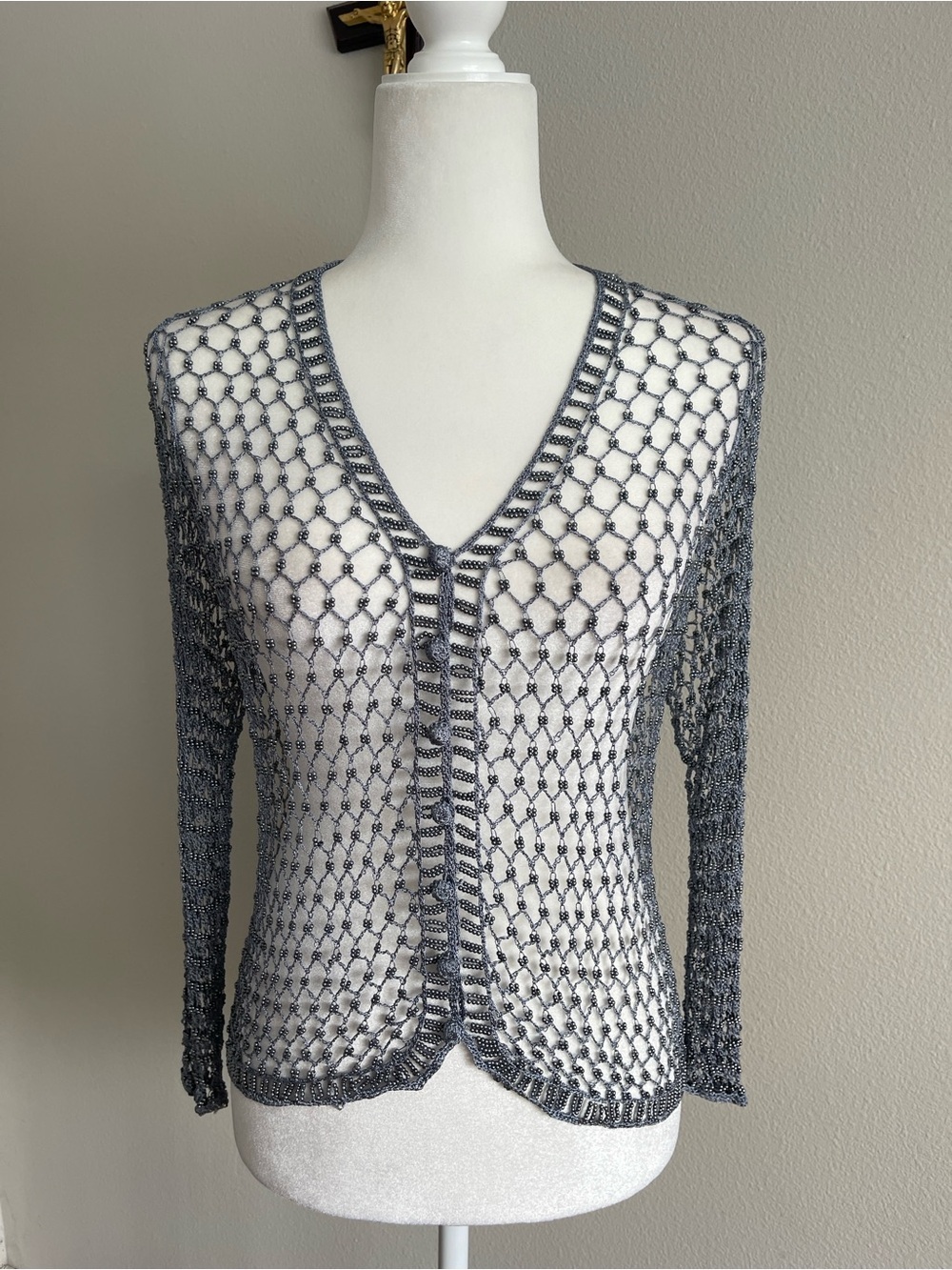 Women’s Openwork V-Neck Knit Sweater Cardigan - Gray
